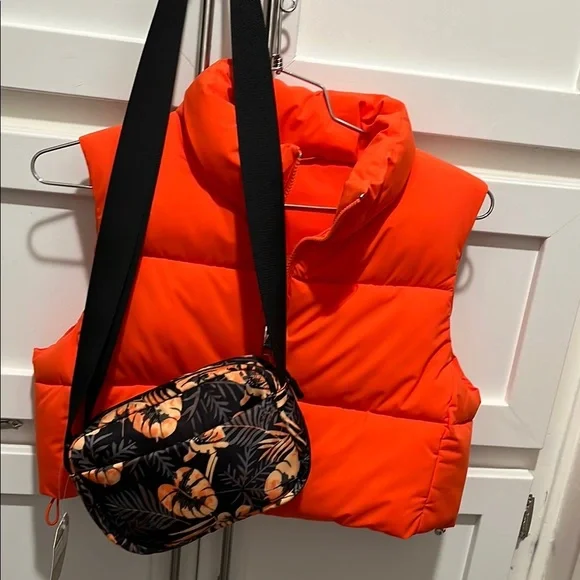 Bright Orange Puffer Vest with Tropical Print Bag - Picture 4 of 7